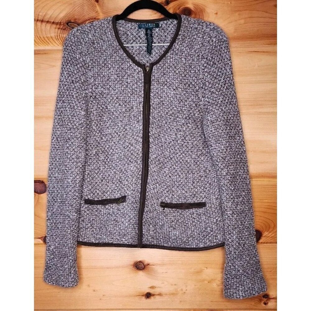 Ralph Lauren Medium Brown Tweed Zip Up Sweater Suede Trim ZipPockets Nice!